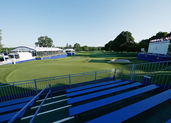 The 18th green just prior to the start of the 2015 KPMG Women's PGA Championship.