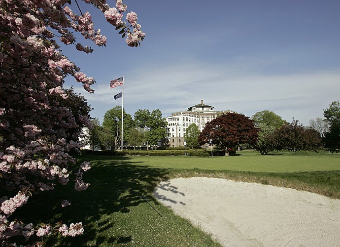 The hotel and clubhouse seen behind the 18th green.