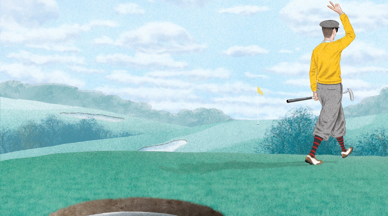 Illustration of main walking away from ball in the hole