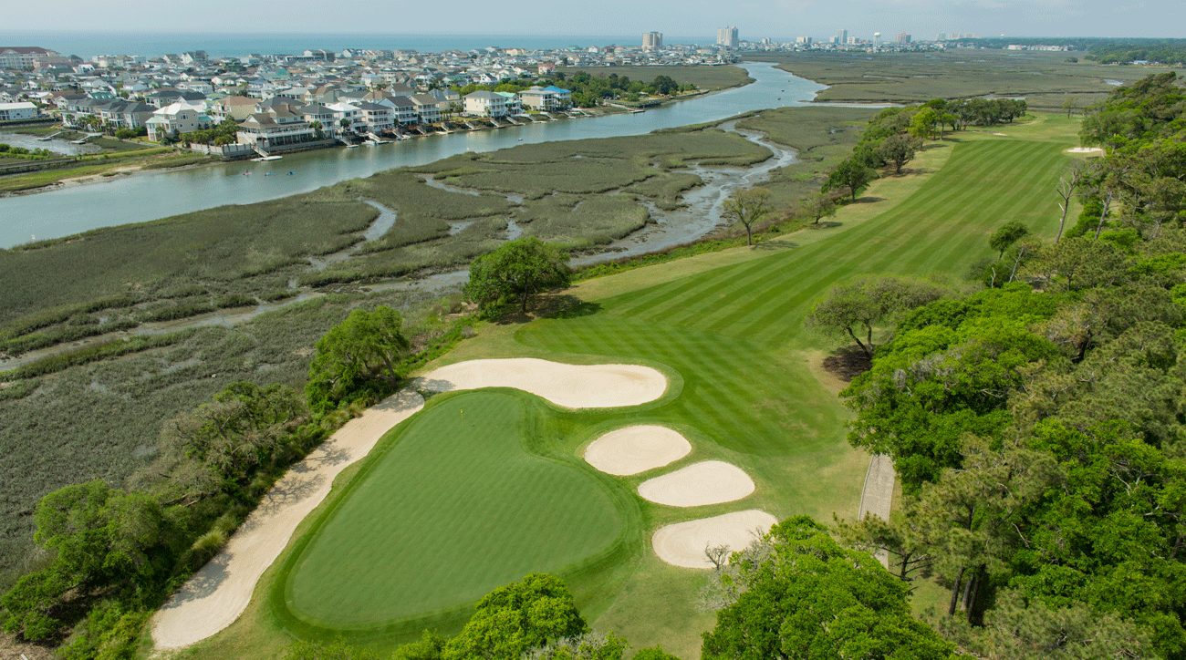 An aerial view of the majestic 13th hole at Tidewater Golf Club.