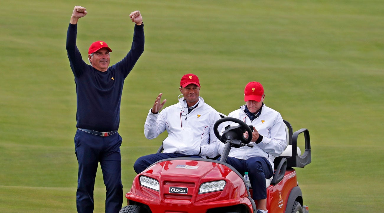 Fred Couples and Tiger Woods pictured at the 2017 Presidents Cup at Liberty National