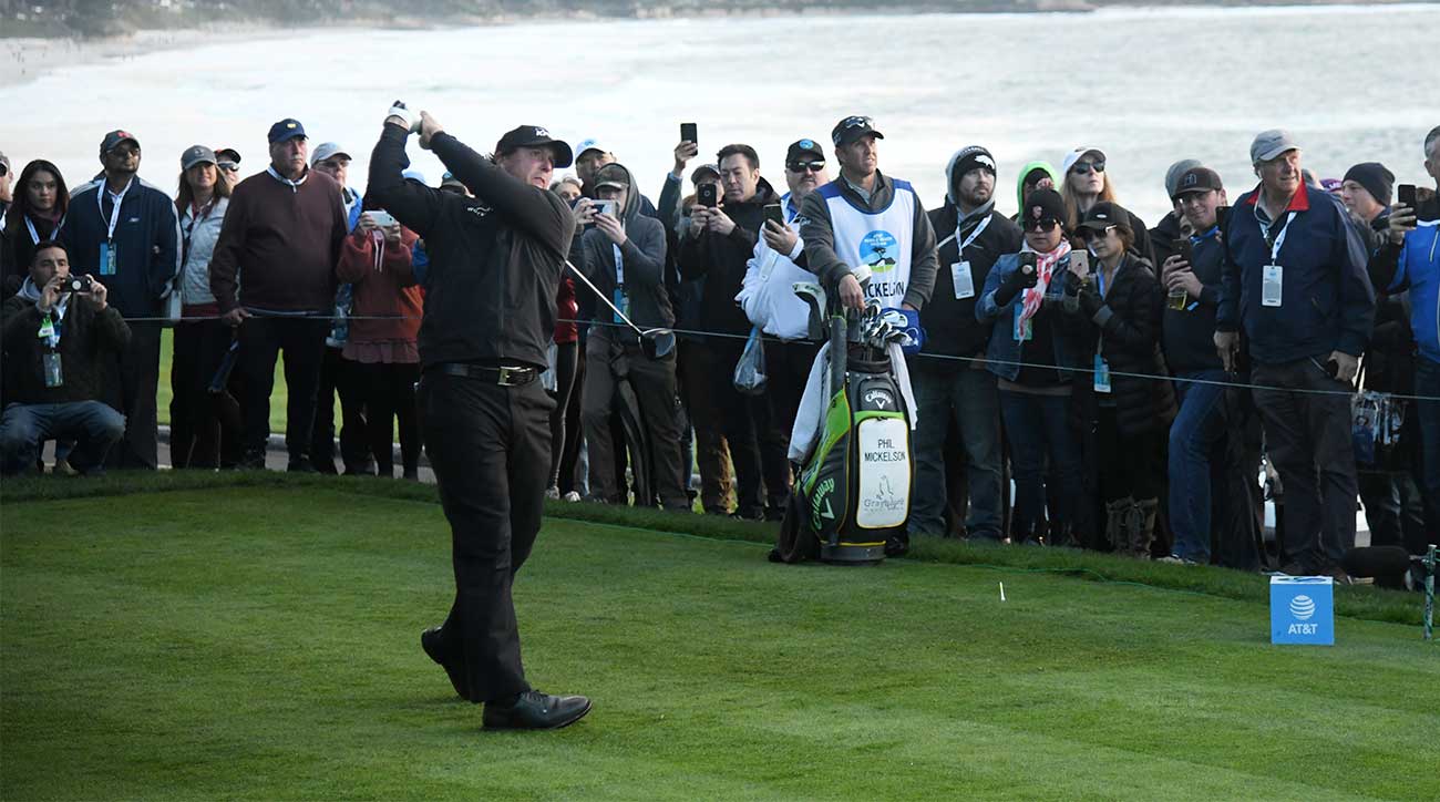 Phil Mickelson tees off during the fourth round of the Pebble Beach Pro-Am.