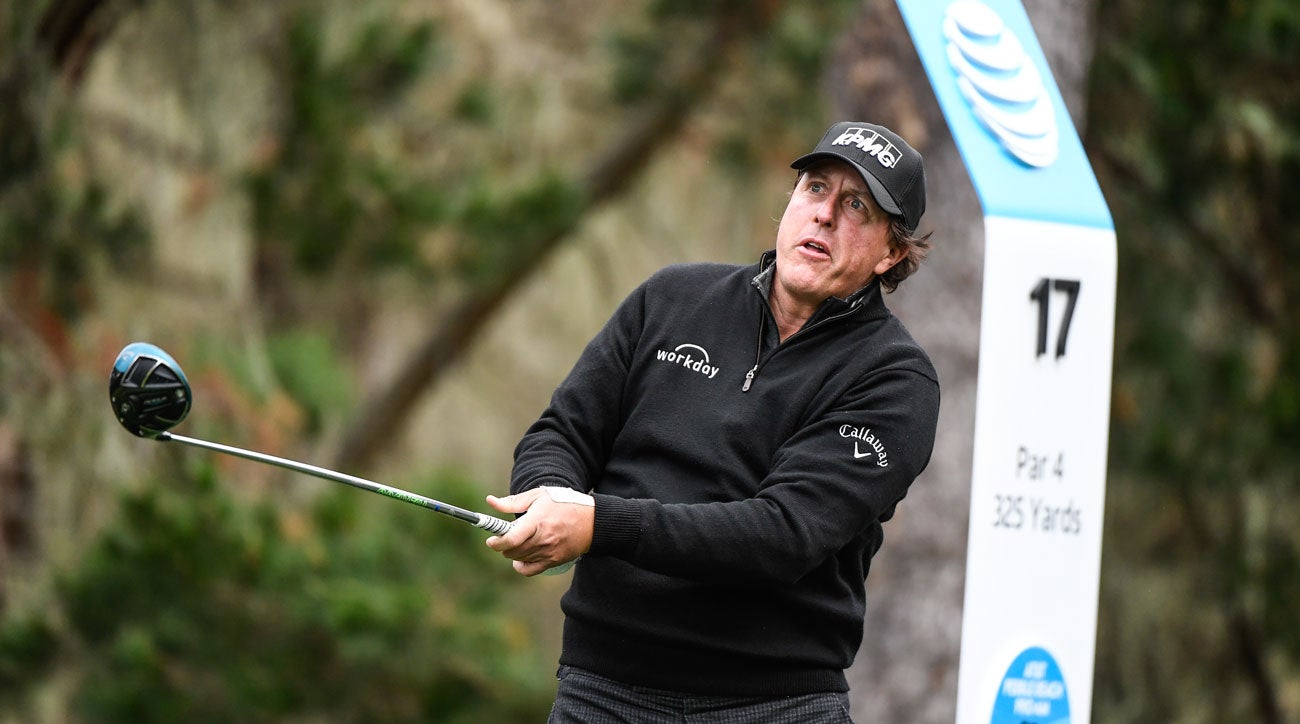 Phil Mickelson hits a drive during the second round of the 2019 AT&T Pebble Beach Pro-Am
