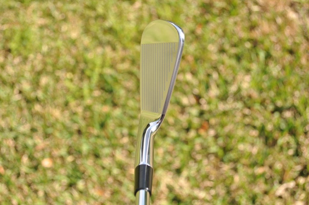 A look at the retail version of Tiger Woods' TaylorMade P7TW irons from the address position. 