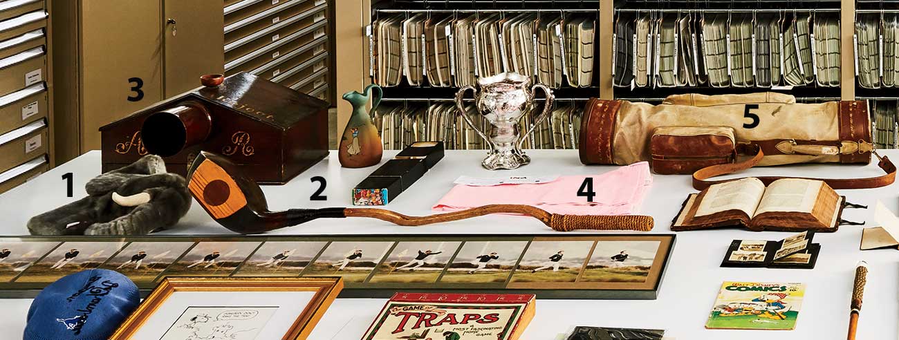Above: 1. GOP-themed headcover used by George W. Bush (ca. 2005); 2. Bing Crosby&rsquo;s treacherous 1-wood shillelagh (ca. 1940); 3. St. Andrews membership ballot box (ca. 1750); 4. Pants worn by Justin Thomas during round three of the 2017 U.S. Open, when he shot a record-tying 63; 5. Amelia Earhart&rsquo;s golf bag (ca. 1930).