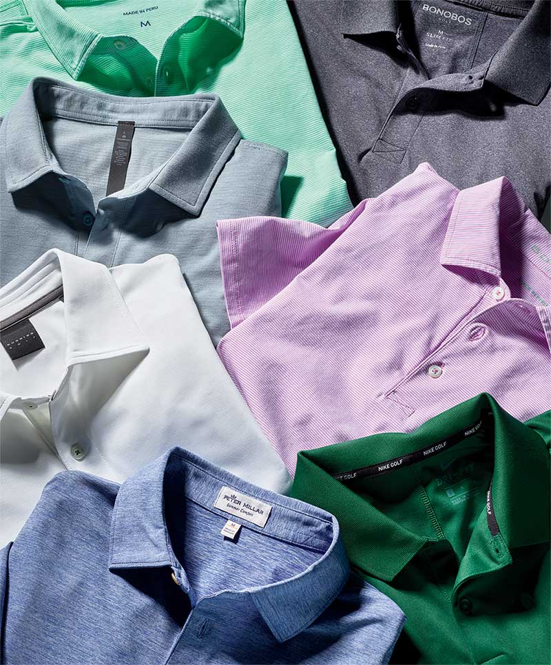 Clockwise from top left: B. Draddy Polo, $90; Bonobos M-Flex Golf Polo, $68; B. Draddy Polo, $90; Malbon x Nike Dri-Fit Victory Solid Polo, $88; Peter Millar Solid Stretch Jersey Polo, $84; Dunning Classic Pique Golf Shirt, $79; Lululemon Evolution Polo, $88.