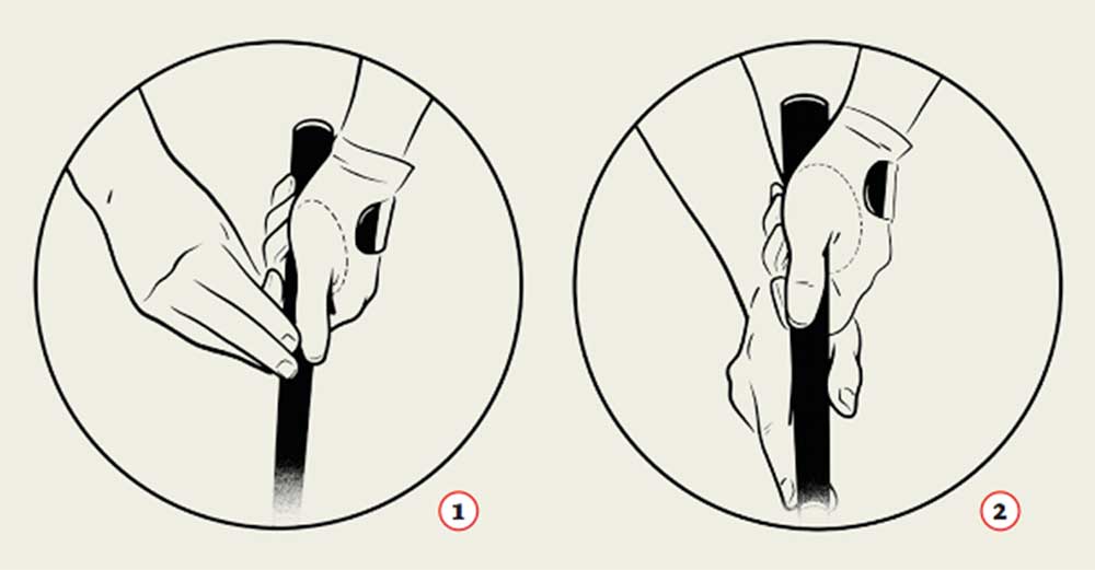 1. Ollie Schniederjans grips the club using only the fingertips of his right hand to keep grip pressure between “1 or 2” out of 10. 2. Tommy Fleetwood’s pencil-inspired claw places the dominant hand so it helps push the putterhead through on a straight line.