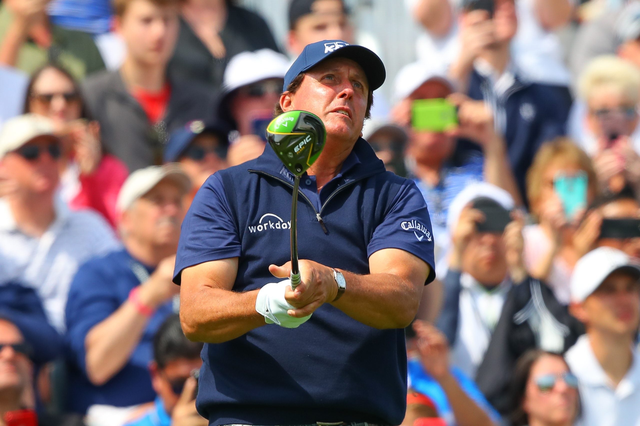 FARMINGDALE, NY - MAY 17: Phil Mickelson of the United States Tees off at the 1st hole during the second round of the 2019 PGA Championship at the Bethpage Black course on May 17, 2019 in Farmingdale, New York. (Photo by Rich Graessle/Icon Sportswire via Getty Images)
