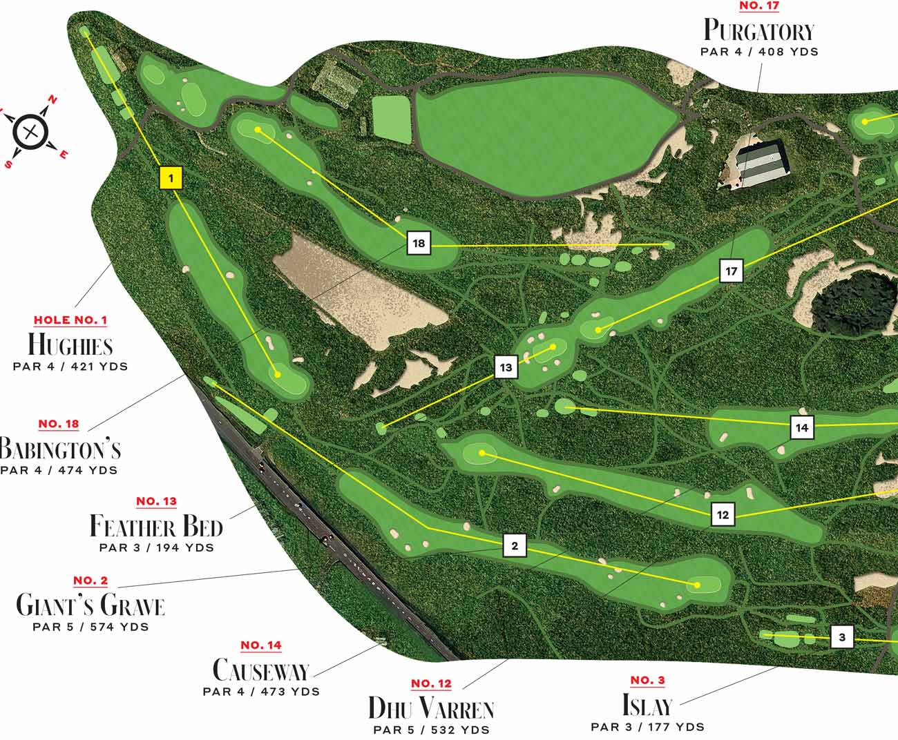 Holes No. 1, 2, 3, 12, 13, 14, 17, and 18 at Royal Portrush