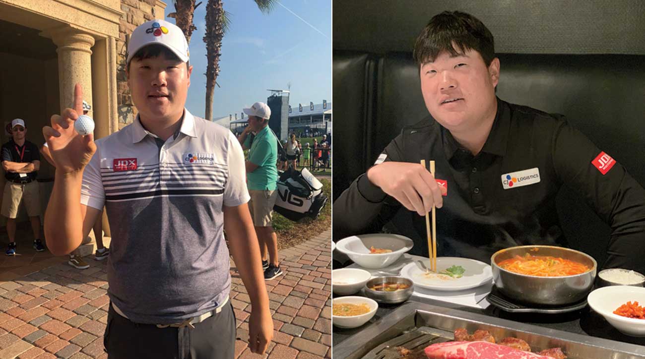 By day, Sungjae plays a Titleist ProV1x, by night (top) he plays with noodles.