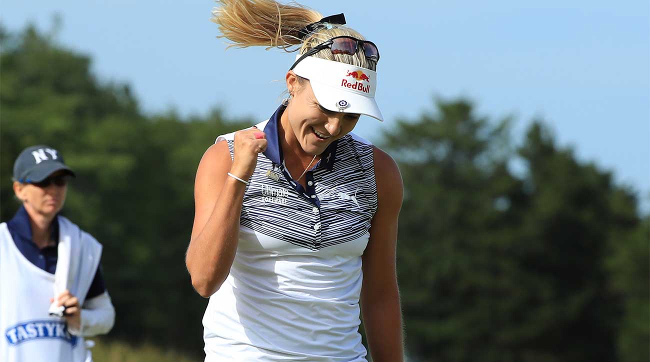 Lexi Thompson celebrates her eagle on the final hole of the ShopRite LPGA Classic.