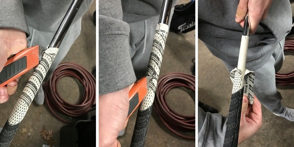 man removing grip from golf clubs