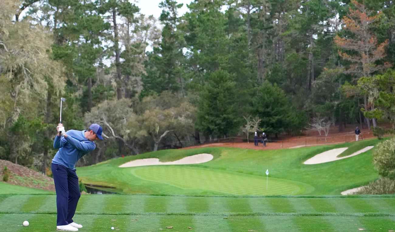 NFL star Aaron Rodgers plays Spyglass Hill's 12th hole during the AT&T Pebble Beach Pro-Am.
