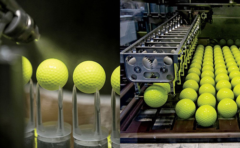 Highlights of the Titleist ball factory tour include the cast 
thermoset urethane cover production, complete with yellow color.