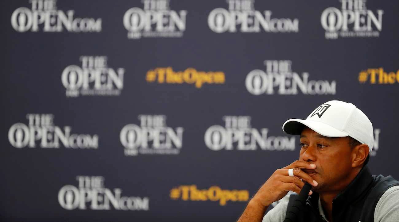 Tiger Woods speaks to the media during his press conference at the Open Championship.