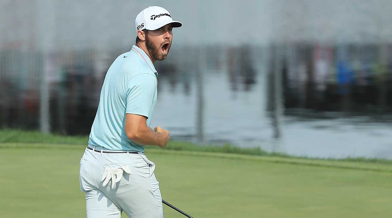 Matthew Wolff celebrates his winning eagle putt at the 3M Open.