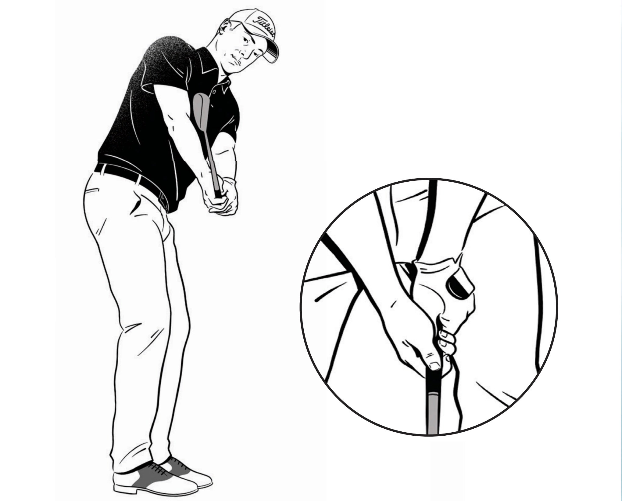 Get into your setup, stretch the club out in front of you, then rotate back. Check that the clubhead is in line with your hands when the shaft is parallel to the ground. Next, return to address and make your normal swing. This simple drill helps keep the club in front of you. It’s saved me a lot, because if the clubhead ever gets behind my hands, I’m usually toast. In addition to this drill, I’m always checking my grip. I prefer it slightly stronger than neutral, which helps me flight my wedges lower and with more spin. When I look down, I want to see two knuckles on my left hand and confirm that the “V” in my right hand points toward my right shoulder
