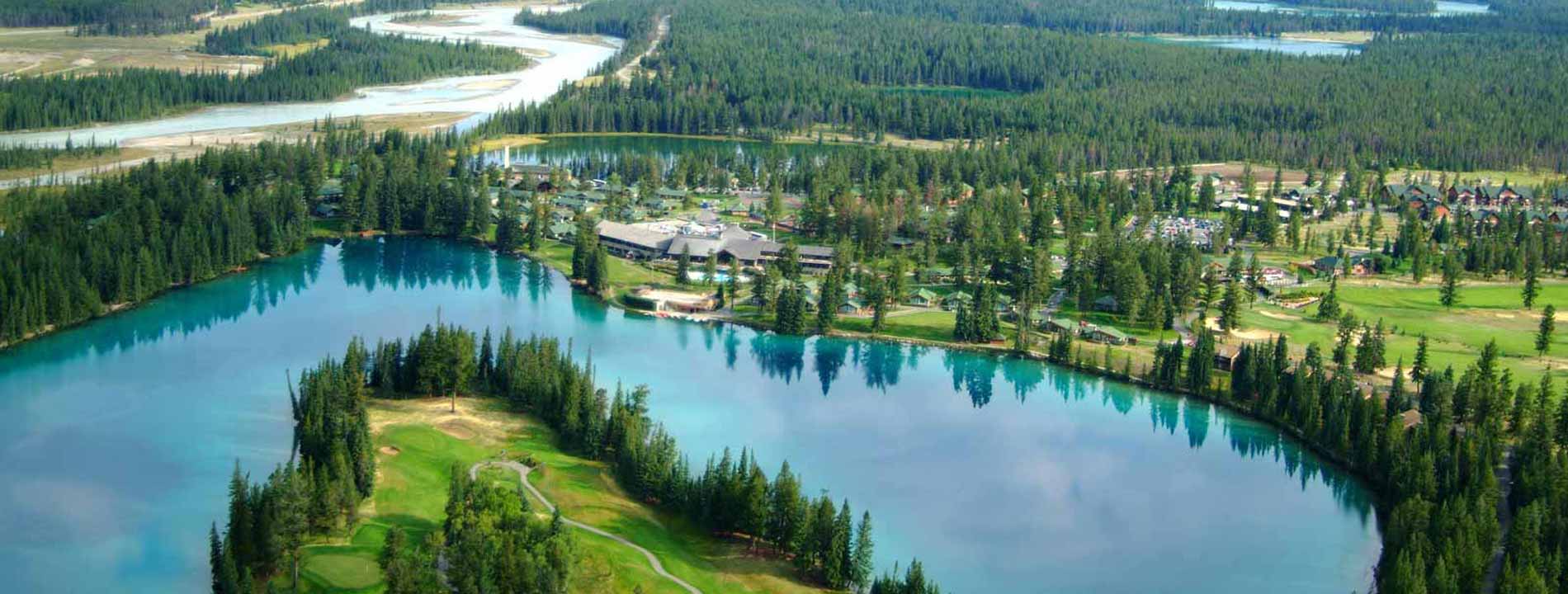 An aerial view of Fairmont Jasper Park Lodge.
