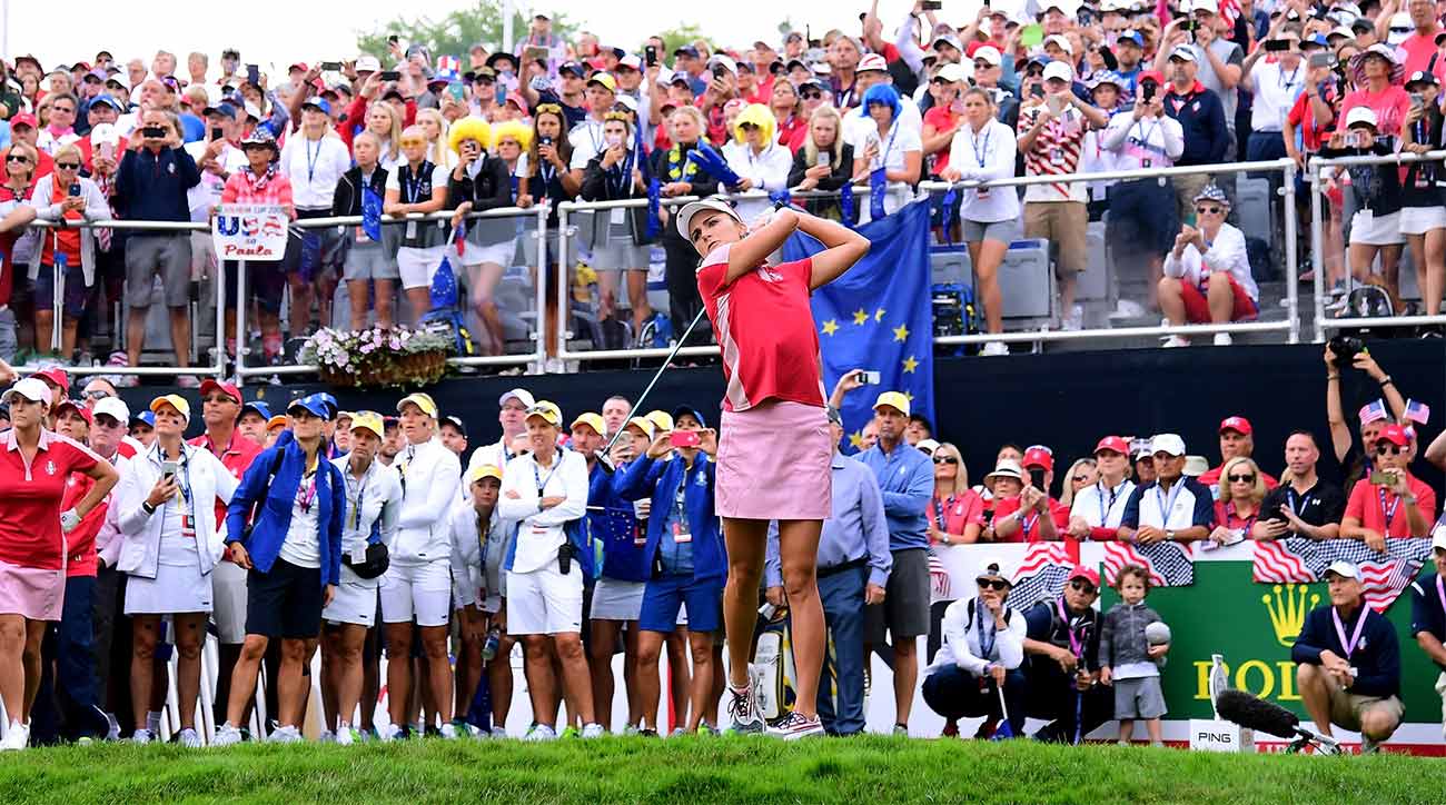 Lexi Thompson tees off during the 2017 Solheim Cup in Des Moines, Iowa.