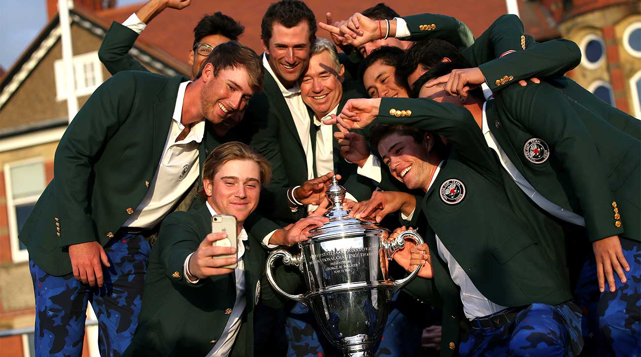 The U.S. Walker Cup team celebrates its victory on Sunday in Hoylake.