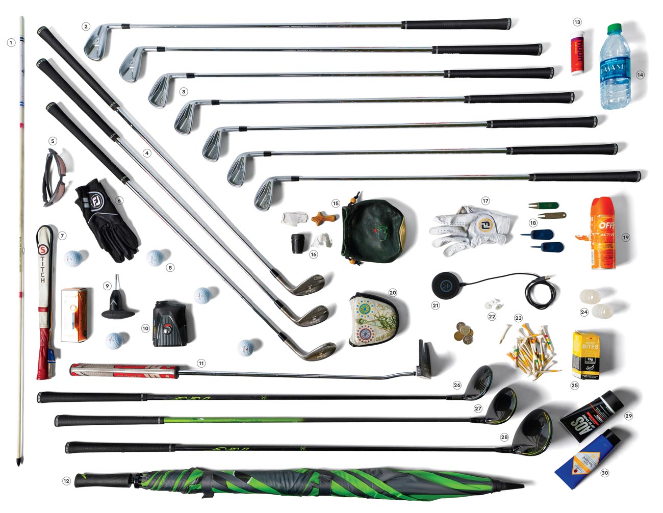 All of the items Kevin Kisner keeps in his PGA Tour golf bag.