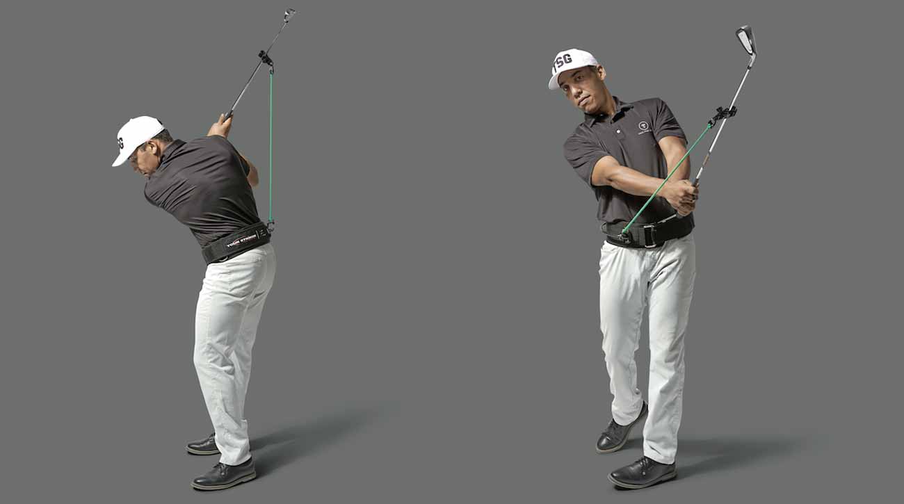 Coming over the top? Tour Striker&rsquo;s PlaneMate uses a rubber cord to pull your club into the ideal spot.