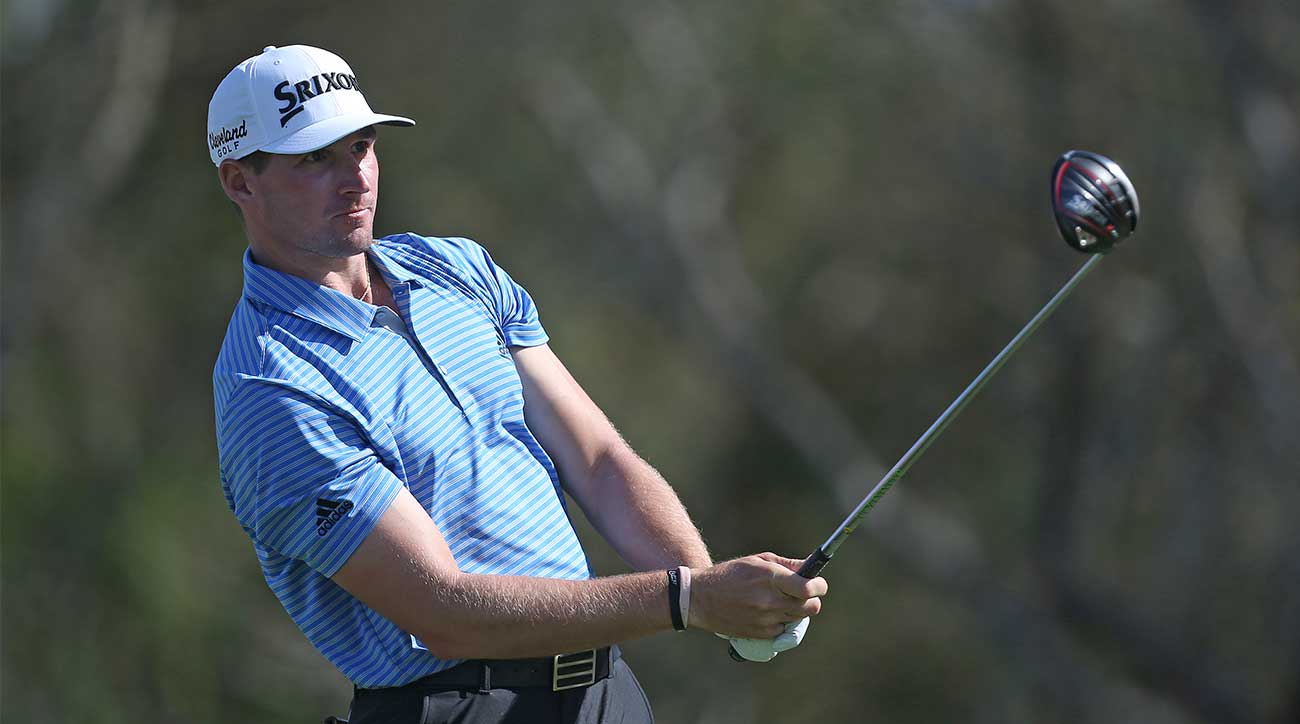 Brandon Matthews watches a tee shot at a recent event.