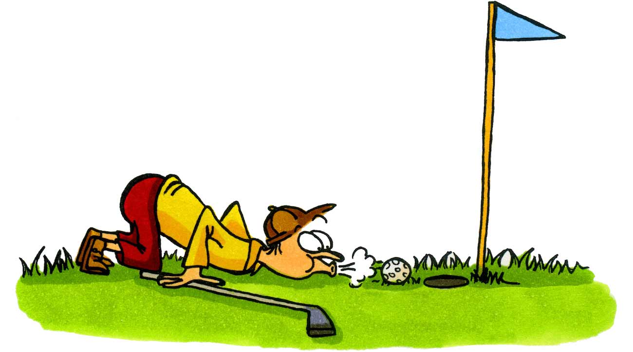 A golfer trying to cheat a bit. This cartoon was hand-drawn in ink and colored with markers.