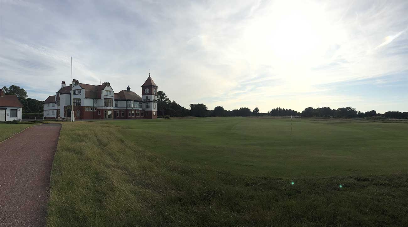 Formby's 18th green and iconic clubhouse.