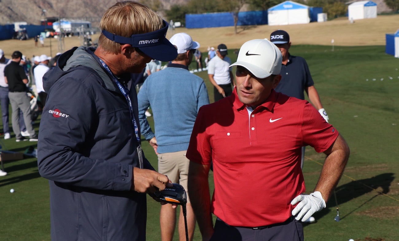 Thompson works with Molinari on his Mavrik driver fitting, making on-the-fly adjustments based on Molinari's feedback.