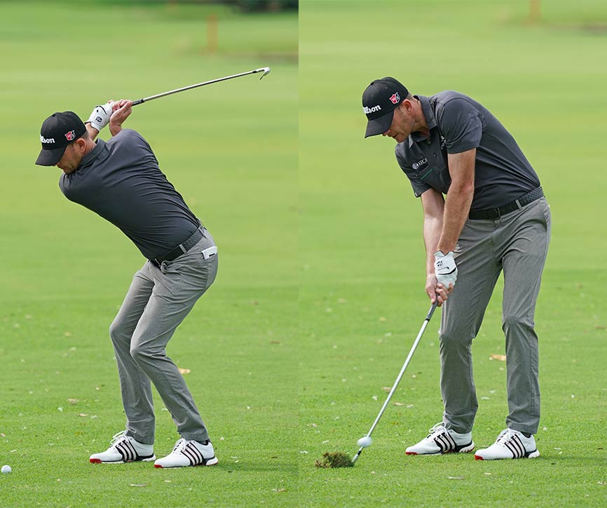 Brendan Steele squats throughout his swing, using the ground to generate power. 