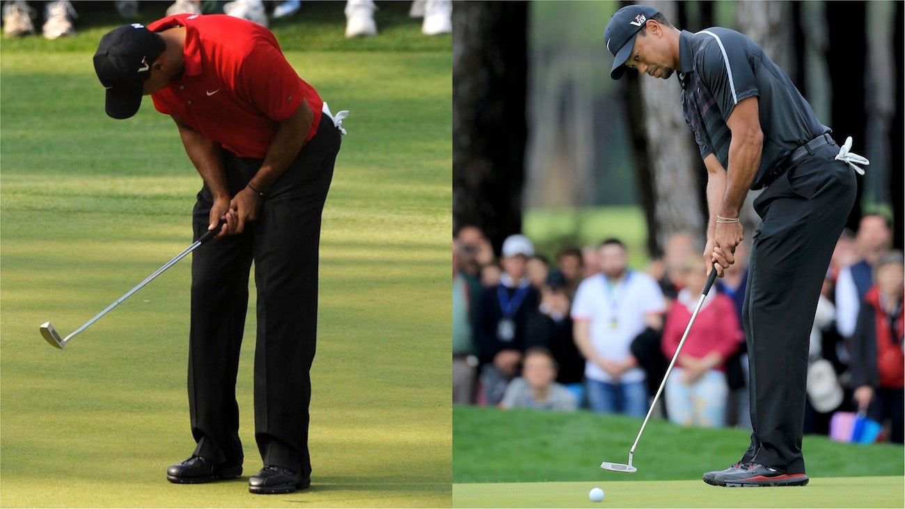 Tiger Woods in 2011 using the Nike Method 003 mid-mallet (left) and Woods in 2013 using the Nike Method 001.