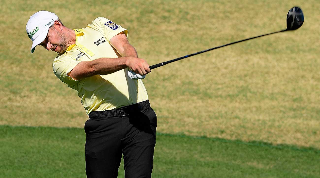 Webb Simpson tees off during the final round of the Waste Management Phoenix Open on Sunday at TPC Scottsdale.