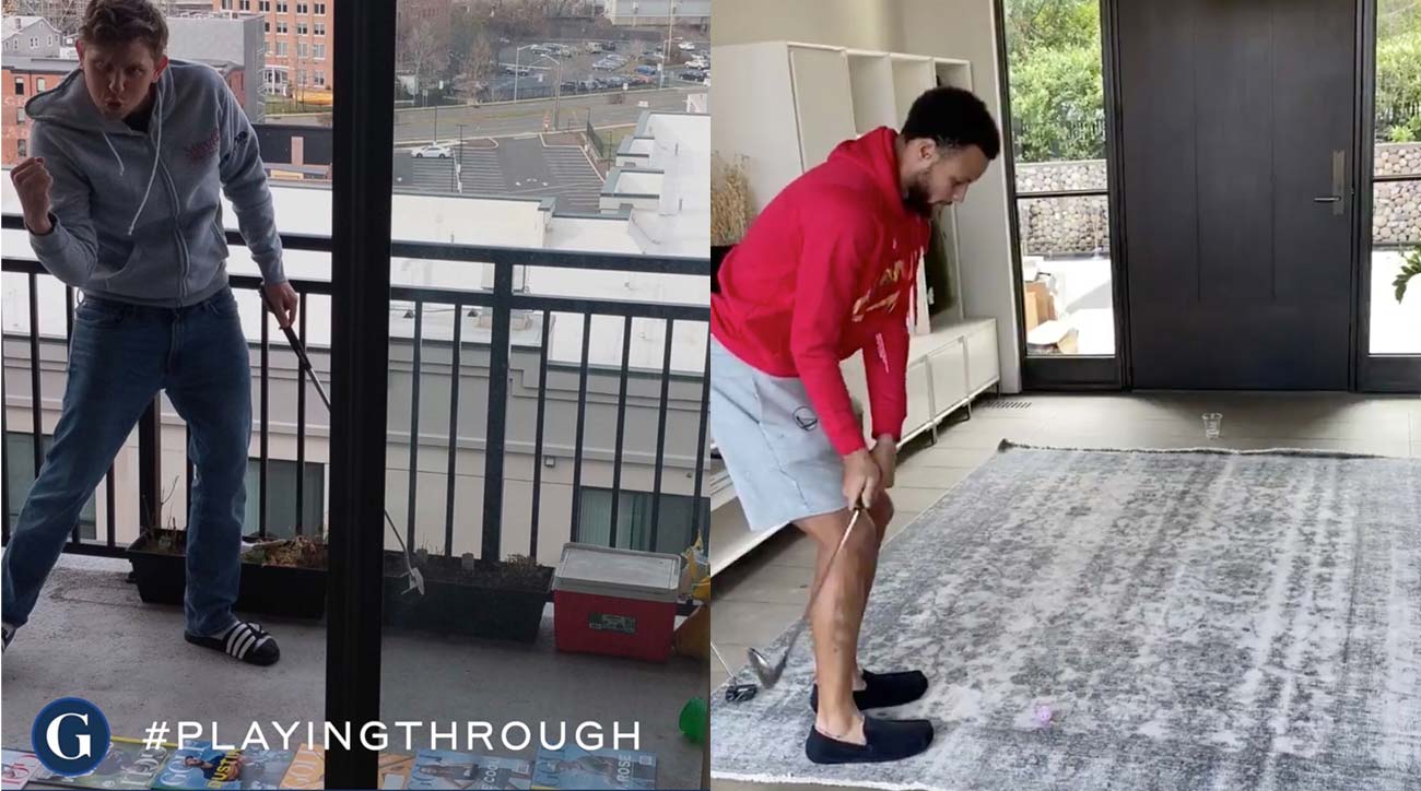 Steph Curry performs a golf trick shot.