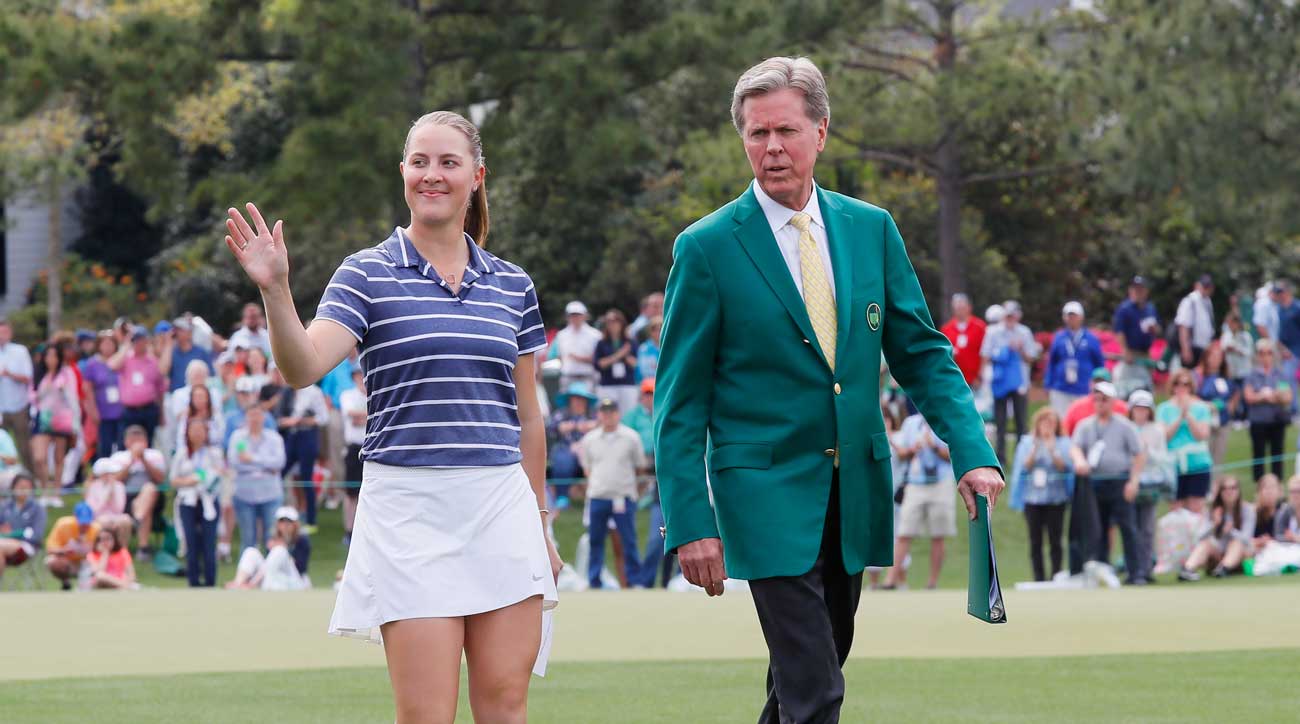 Fred Ridley (right) walks with the champion of the inaugural ANWA, Jennifer Kupcho.