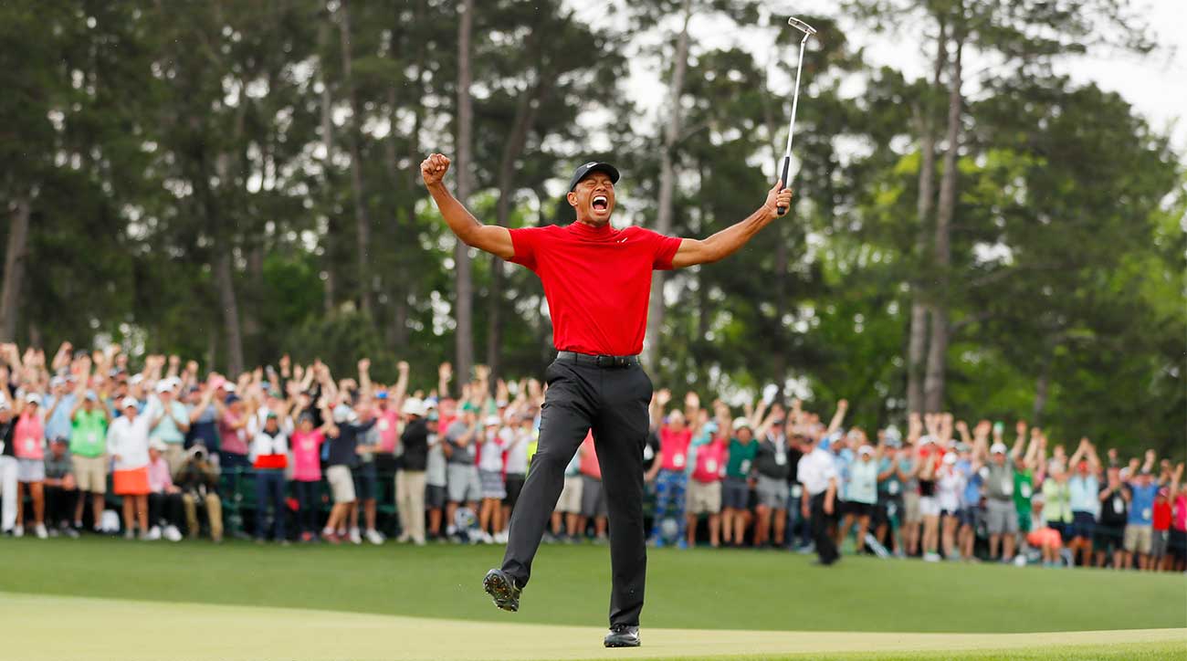 Tiger Woods celebrates his 2019 Masters win.