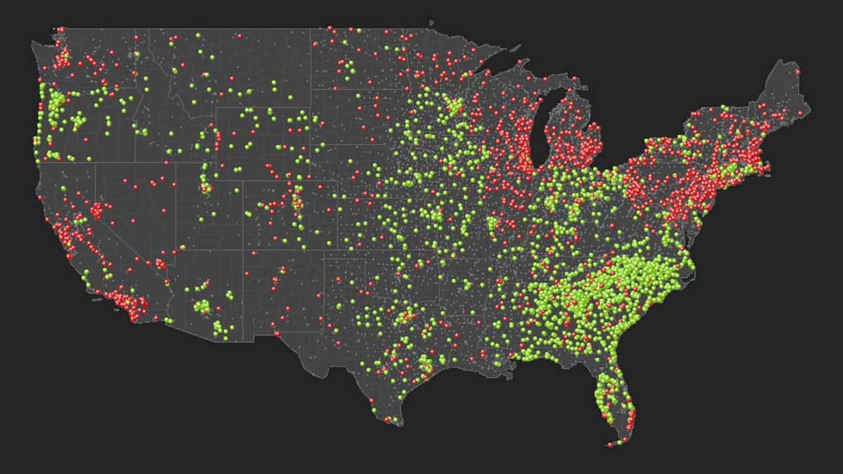 Map of U.S. showing open golf courses