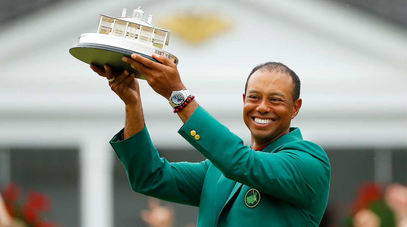 Tiger Woods celebrates his Masters victory and 15th major title in April 2019.