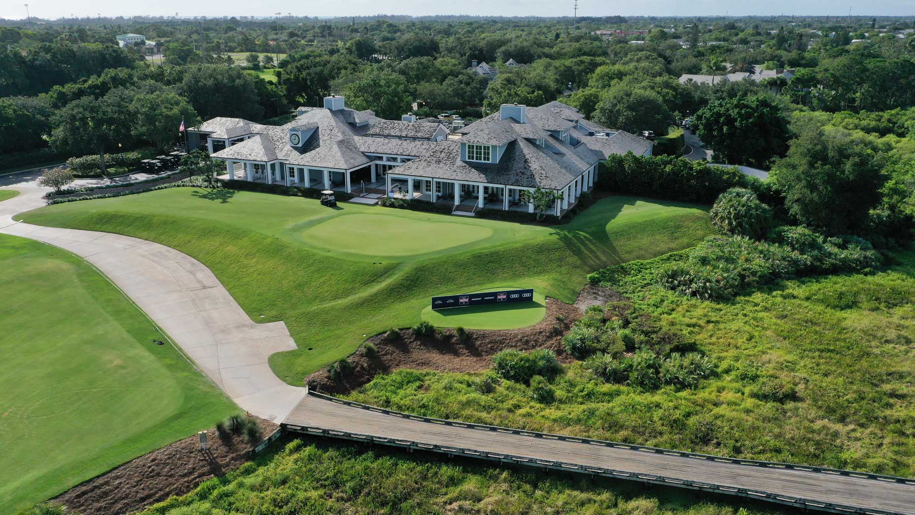 An aerial drone view of the clubhouse at Medalist Golf Club.
