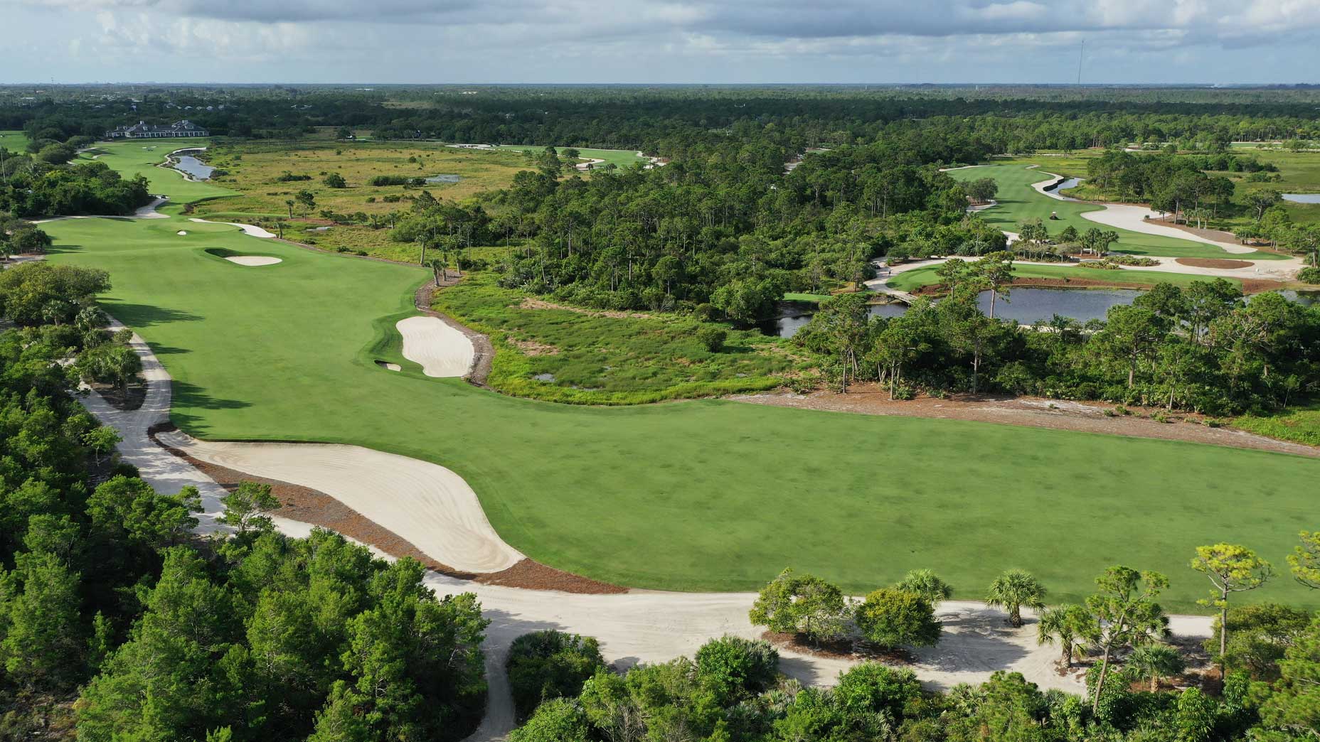 An aerial drone view of the 17th hole at Medalist Golf Club.