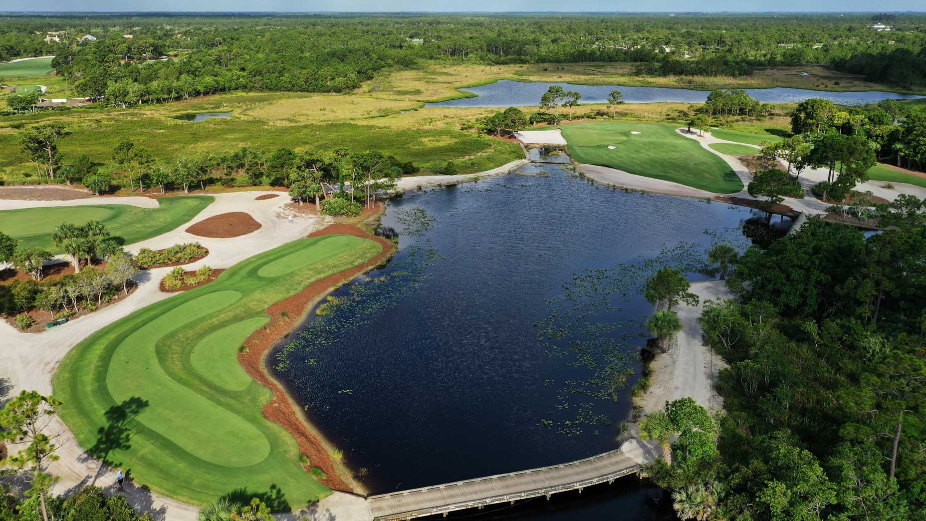 An aerial drone view of the 16th hole at Medalist Golf Club.