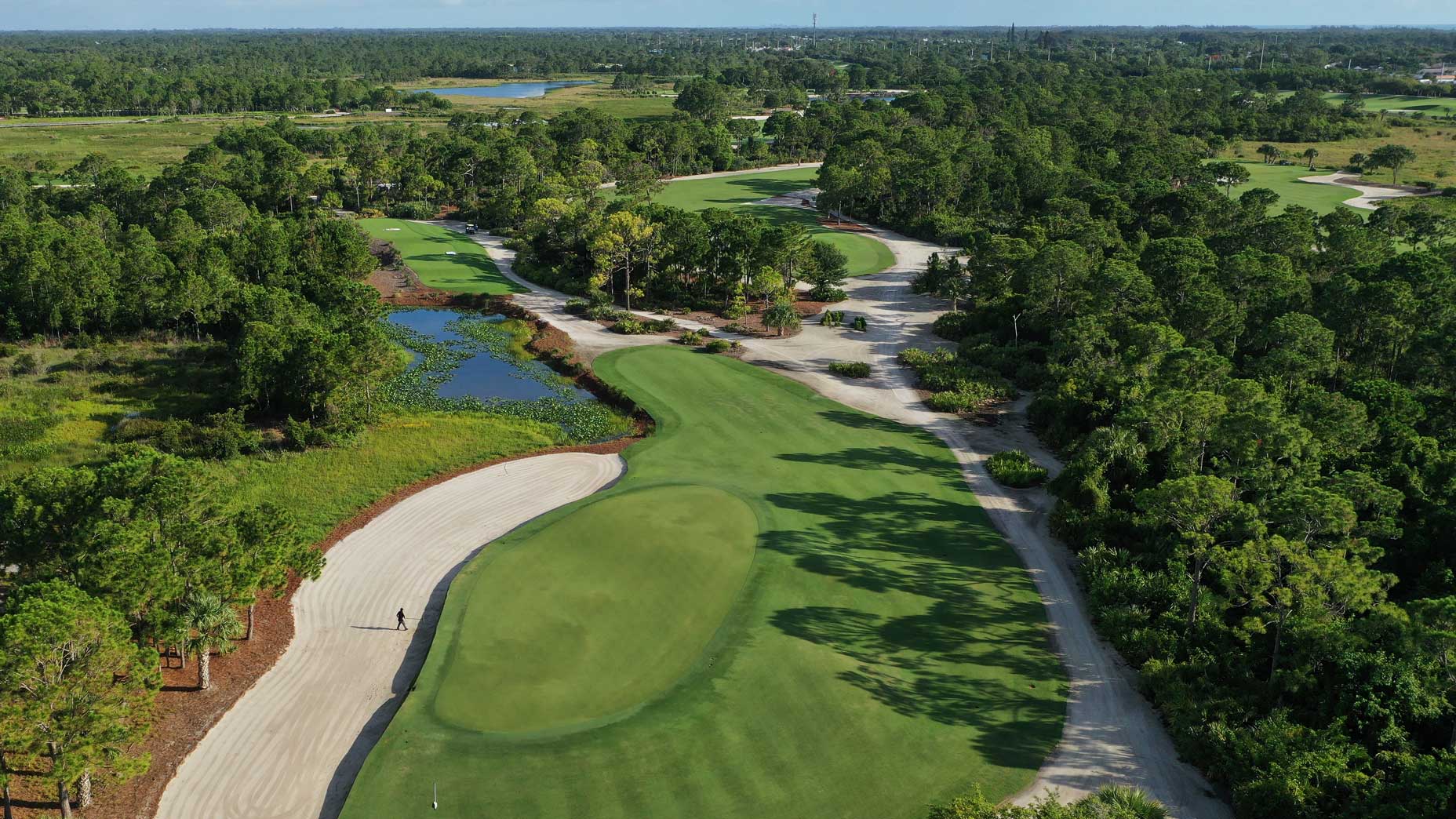 An aerial drone view of the 12th hole at Medalist Golf Club.