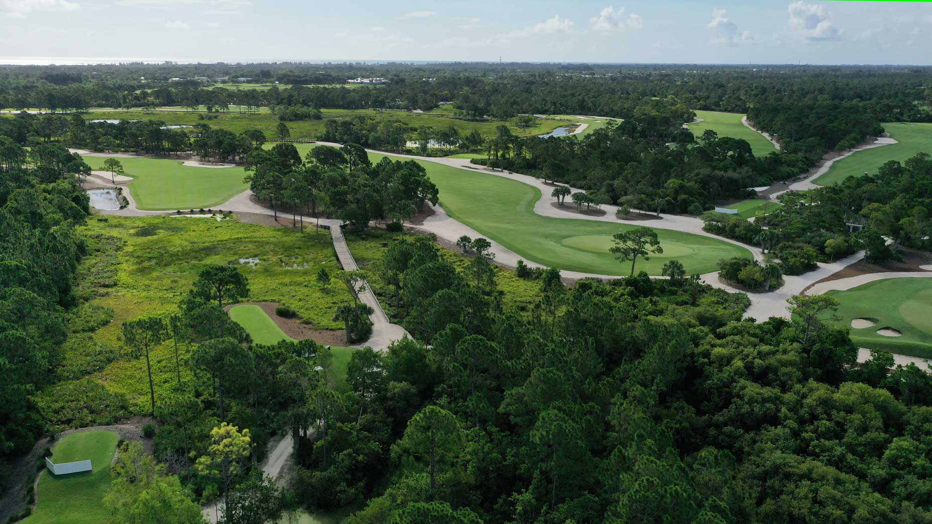 An aerial drone view of the 5th hole at Medalist Golf Club.