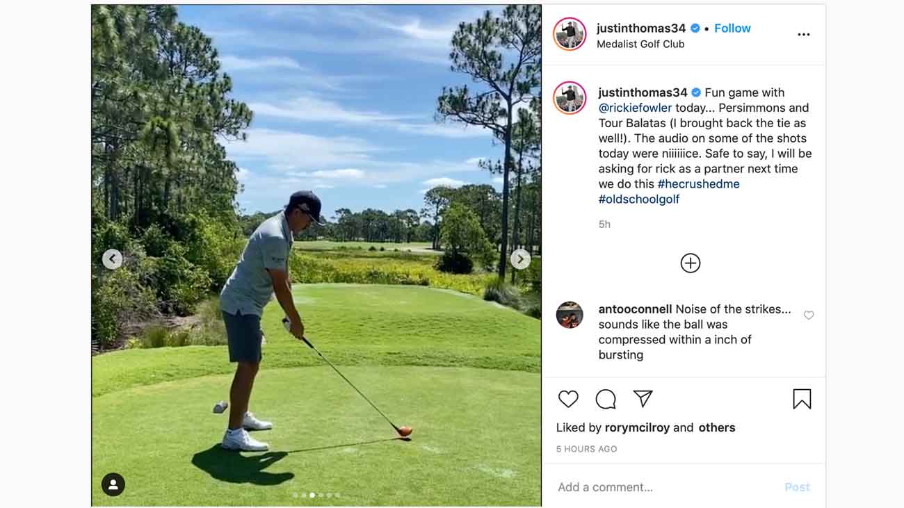 Rickie Fowler hits a persimmon wood during a round with Justin Thomas.
