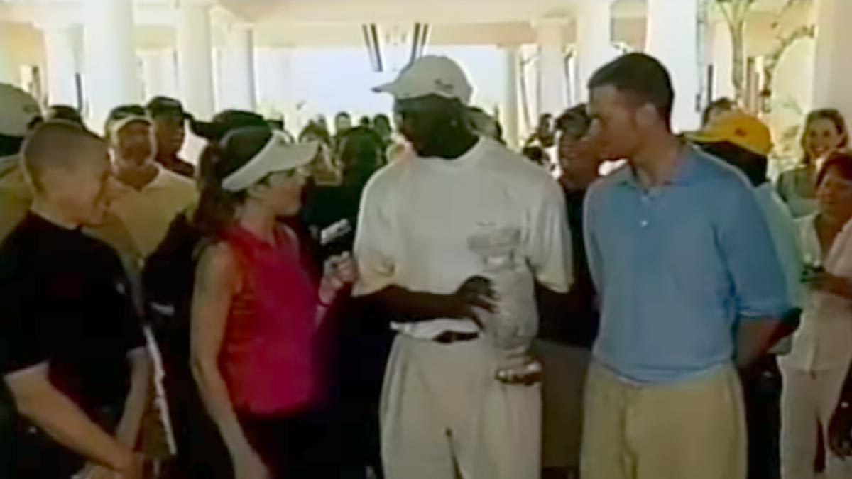 Michael Jordan and Tom Brady interviewed after golf tournament