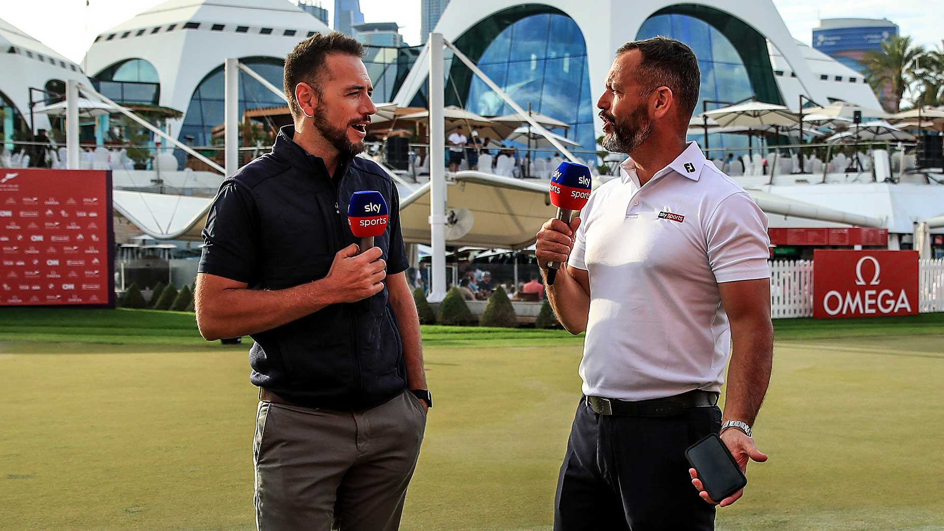 Sky Sports' Nick Dougherty and Andrew Coltart at the Dubai Desert Classic earlier this year.
