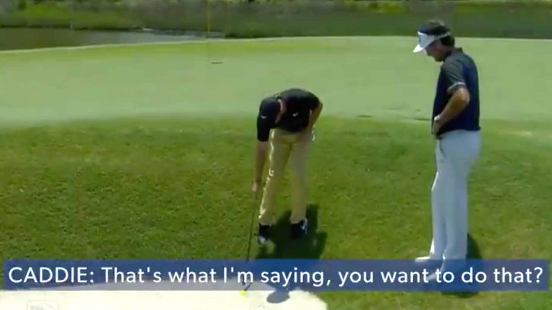 Bubba Watson and Rory McIlroy inspect the crab the nestled under Watson's golf ball.