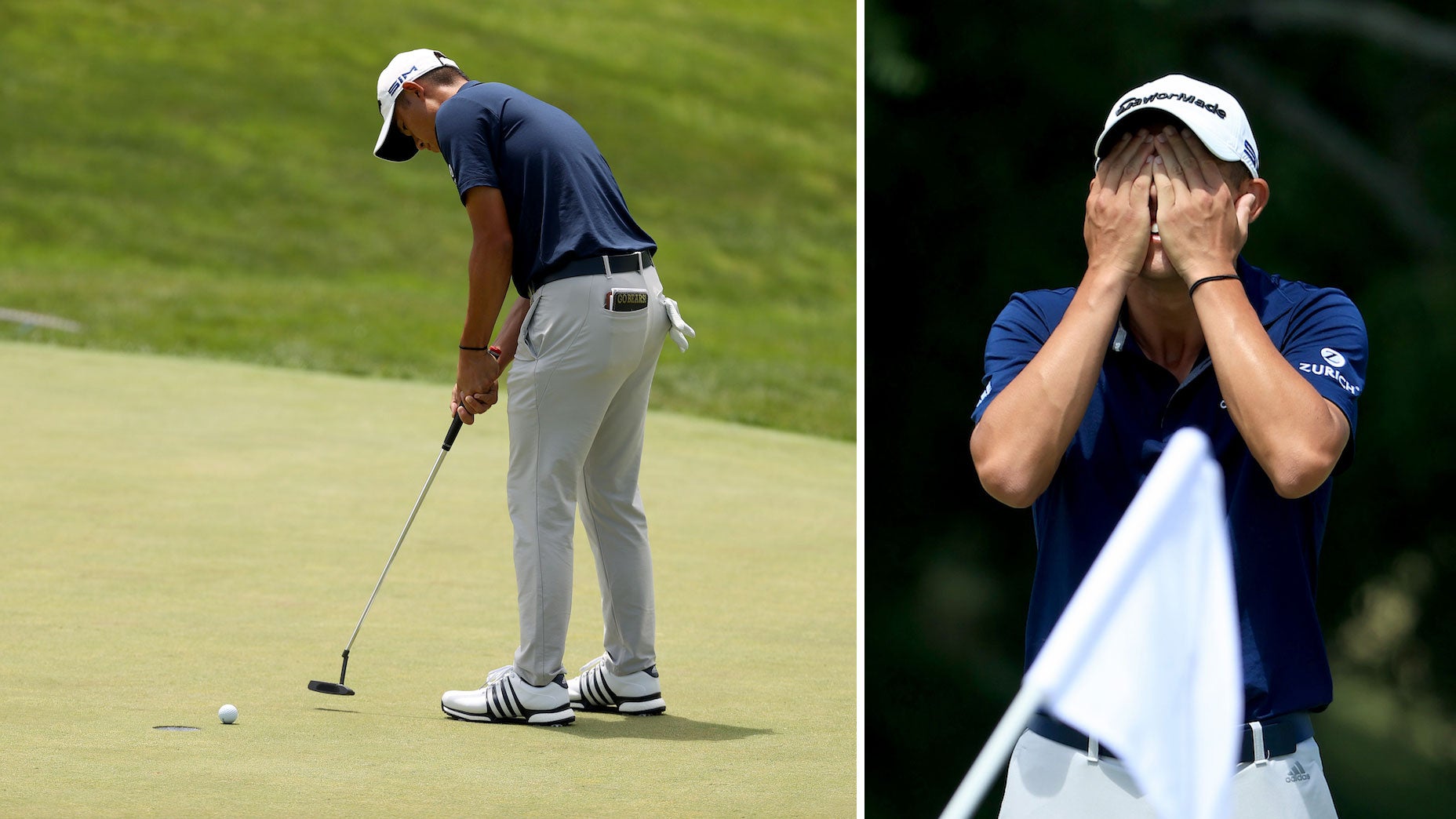 Collin Morikawa holed this two-footer — barely — for par at No. 18.