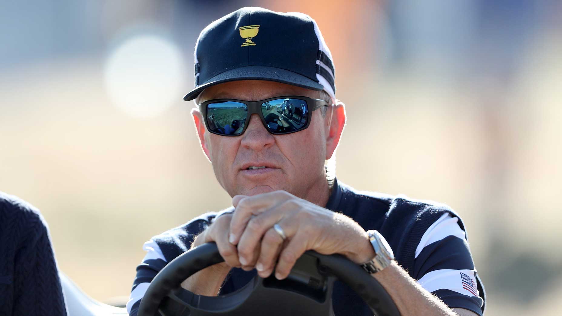 Davis Love looks on at the 2017 Presidents Cup at Liberty National in New Jersey.