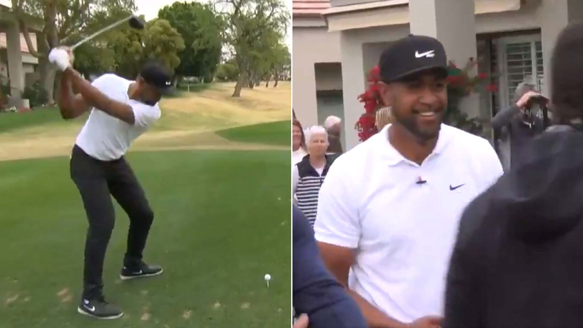 Tony Finau hits a huge drive at the 2021 American Express
